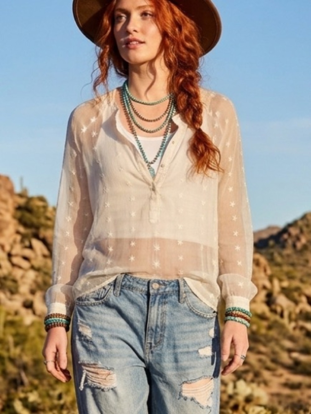 Democracy Semi-Sheer Bohemian Embroidered Henley Ivory Blouse L